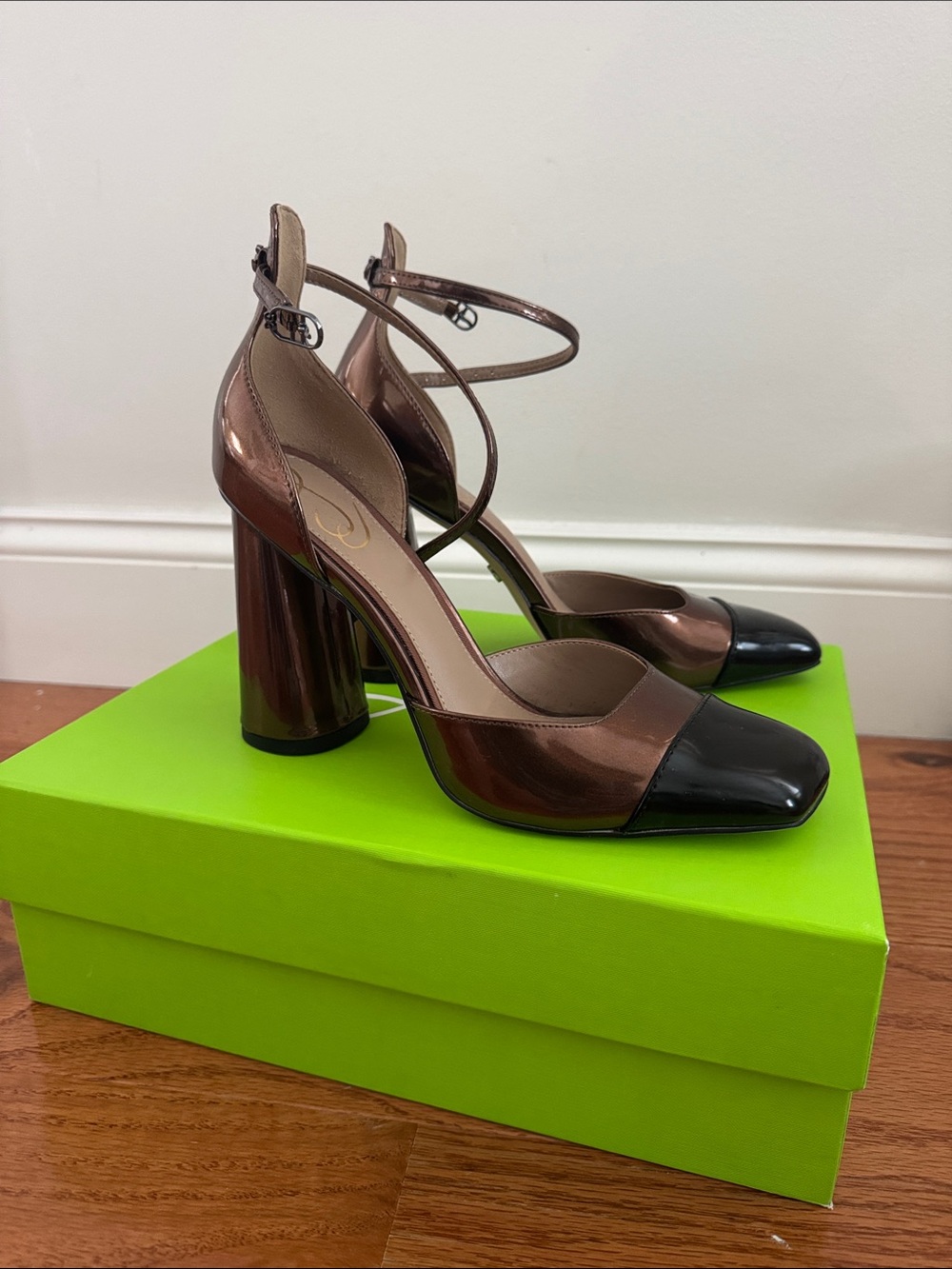Sam Edelman Metallic Bronze and Black Patent Block Heels